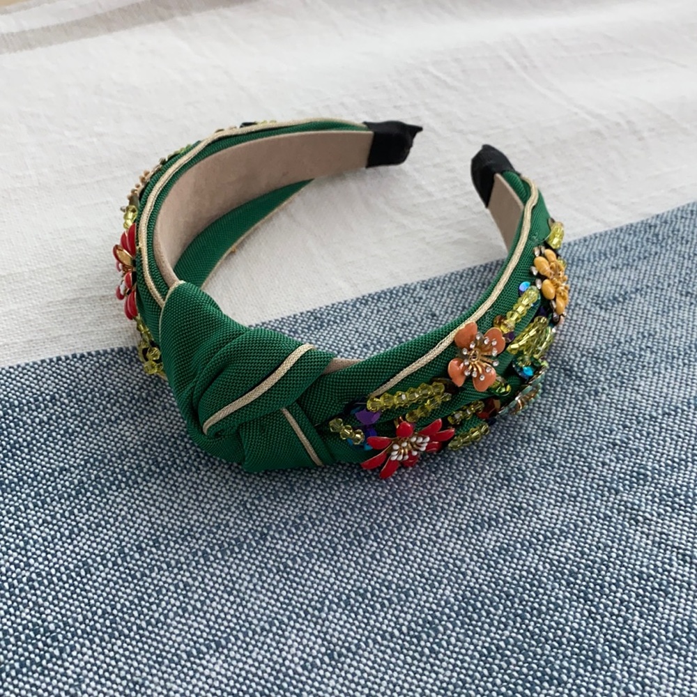 Adorable green with metal/ beaded flower headband